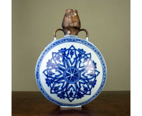 An antique Chinese porcelain moon flask, with restored spout and handles, 22cm wide x 30cm highHairline cracks to and within 