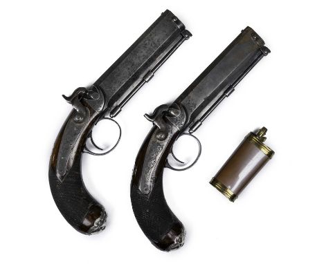 William Powell, a pair of over and under percussion pistols c.1840, with single trigger and captive ramrod, the barrels and l