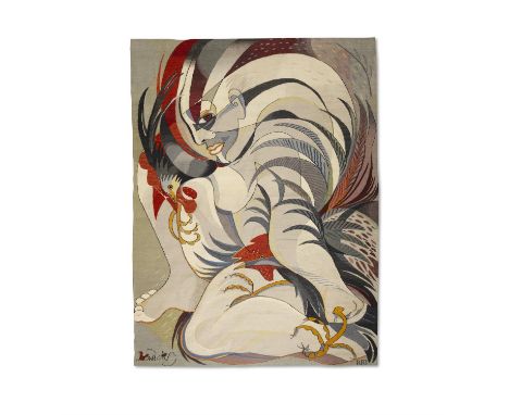 Pauline Bewick (1935-2022) & Regine Bartsch (b. 1951) Woman and Two Bantam Cocks (2003)  Aubusson Tapestry, 158 x 118cm (62¼ 