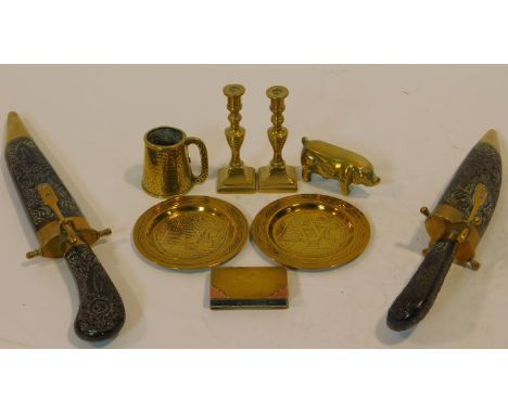 A collection of antique and vintage brass items. Including a WW1 trench art hinged book lighter with engraved design, inscrib