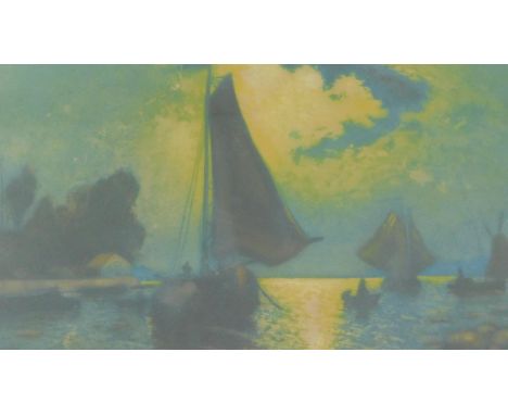 A framed and glazed coloured mezzotint by French artist Heran Chaban (1887 - 1939) of sailing boats on the water at sunset. S