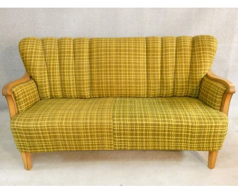 A mid century vintage Continental satin birch framed sofa in lemon and sage woven textile upholstery. H.85 W.155 D.80cm 