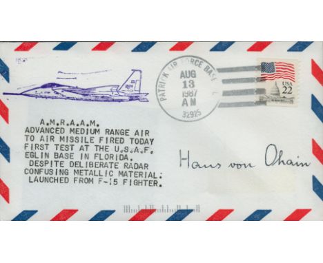 Hans von Ohain signed A. M. R. A. A. M Advanced Medium Range Air to Air Missile FDI PM Patrick Air Base Aug 13, 1987, AM 3292