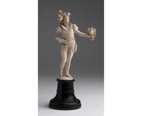 A carved ivory figure of a falconer - W. Haebler, Switzerland, early 20th Century (pre-1947); ; signed W. Haebler Interlaken,