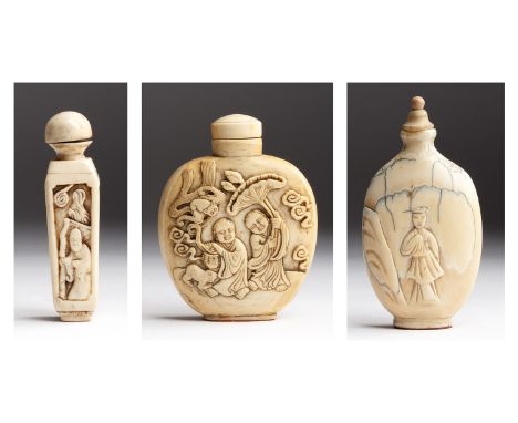 A group of three carved ivory snuff bottles - China, late  19th Century; ; finely engraved with figures and poetries. The hig