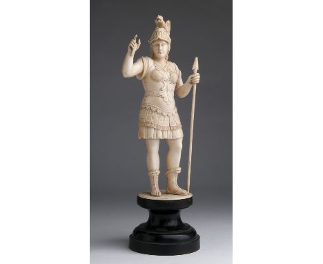 "Athena". A carved ivory figure - France, 19th Century; ; on a wooden base. 34 cm, 13 25/64 in high overall, weight 703 gr. I