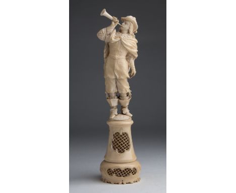 A carved ivory figure of a bugler - France, 18th / 19th Century; ; on a ivory base. 29 cm, 11 27/64 in high overall. Item con