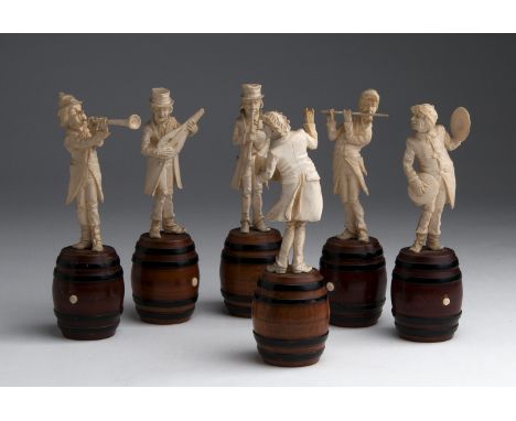 A carved ivory six figures of musicians - Germany, circa 1880; ; on a wooden turned barrel bases. 16.1 cm, 6 11/32 in high ov