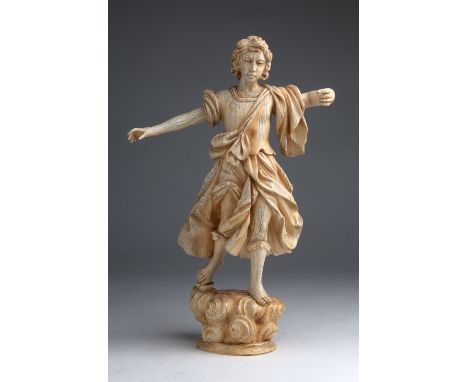 "The angel Gabriel". A carved ivory Baroque figure - France, 18th Century; ; on a ivory cloud shape basement. 35 cm, 13 25/32