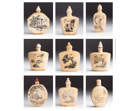 A group of nine ivory snuff bottles - China, early  20th Century (pre-1947); ; finely engraved with landscapes, poetries and 