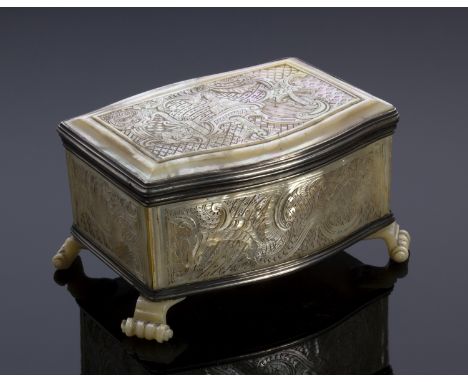 A mother of pearl and silver treasure chest - France, mid 18th Century; ; cartouche shaped body, resting on four foot. The mo