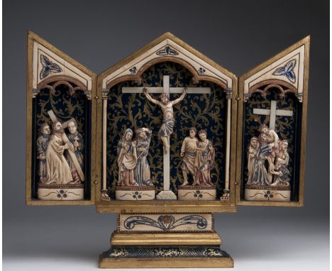 "Scenes from the Passion of Christ" . A carved ivory triptych - probably Spain, 19th Century; ; with traces of original polyc