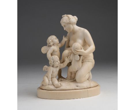 "Venus". A carved ivory figural group depicting Venus surrounded by three cupids - France, 18th Century; ; on a ivory base. 2