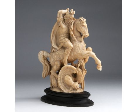 "Saint George and the Dragon". A carved ivory equestrian figure - Germany, 19th Century; ; on a wooden base. 24 cm, 9 29/64 i