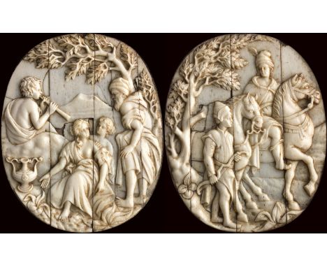 A pair of small ivory plaques depicting a Departure for the hunting and a Concert in a landscape - France, XVII Century; ; 10