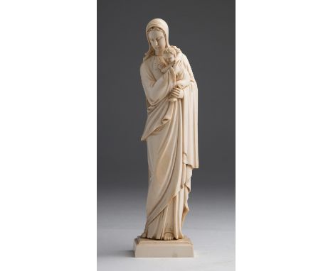 "Virgin and Child". A carved ivory figural group - probably France, early 20th Century (pre-1947); ; on a ivory base. 23 cm, 