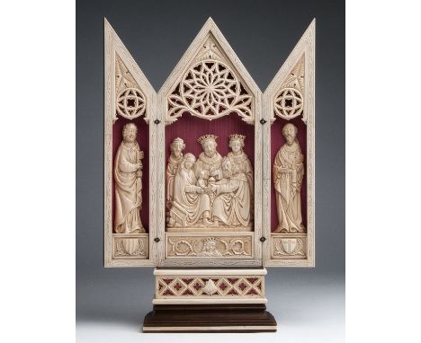 "The Adoration of the Magi" with Saint Peter and Saint Paul. A carved ivory triptych - France, 19th Century ; ; on a wood and