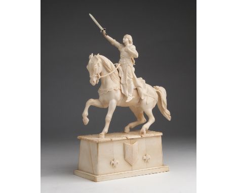 "Joan of Arc". A carved ivory equestrian figure - France, 19th Century.; ; on a ivory base. 31.7 cm, 12 31/64 in high overall