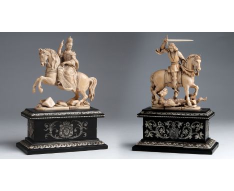 "Maria Theresa of Austria". A carved ivory equestrian figure - France/Russia, early 19th Century  "Saint George and the Drago