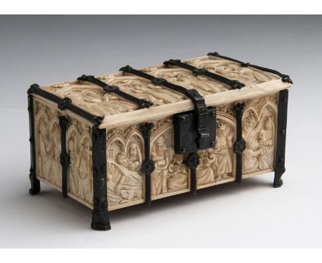 Casket with carved ivory panels depicting scenes from the Holy Scriptures - France, late 19th early; ; with metal mounts and 