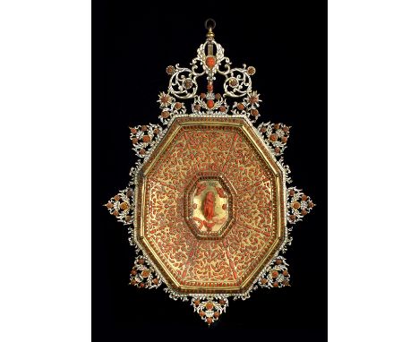 A gilt copper,coral and enamels Capezzale, Trapani (Italy), 17th Century; ; octagonal frame with coral and enamels  scrolling