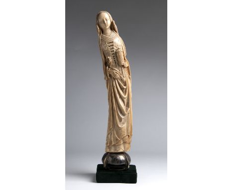 "Mary Magdalene". A carved ivory figure  - probably France, 18th Century; ; with traces of original polychromy, on a not pert