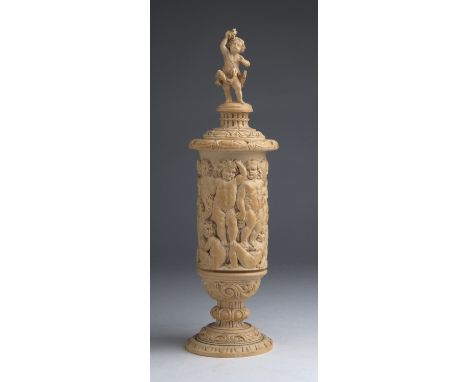 An ivory chalice ornately carved with Putti - Germany, 17th-18th Century; ; 36.5 cm, 14 3/8 in high overall, base diameter 10