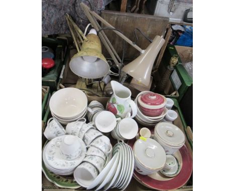 Two boxes of items to include two angle poise lamps, dressing table mirror, lamp base, bowls, cups, saucers etc