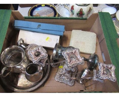 A collection of silver plated items, to include goblet, flatware, candelabrum, jug etc