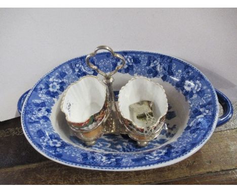 An Adam Ironstone blue and white oval basket, af, together with a pair of bowls in a silver plated stand with a hallmarked si