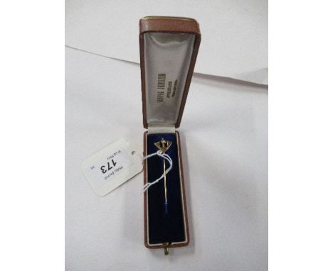 An unmarked gold stick pin, set with a pearl, cased