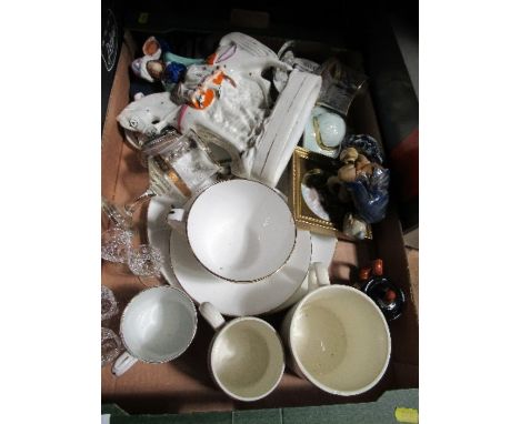 A box of assorted china and glass, including lighter, Chinese figure, Staffordshire figure, etc.