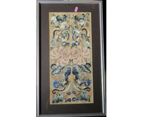 A tapestry picture, of flowers and scrolls, 18ins x 8.5ins