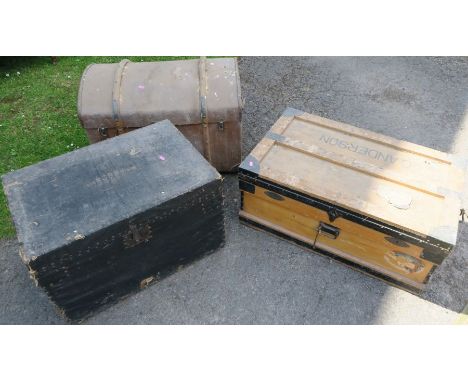 Daniel Moss Trunk Maker, a studded trunk, 27.5ins x 18.5ins, height 17.5ins, together with a domed top trunk and a metal line