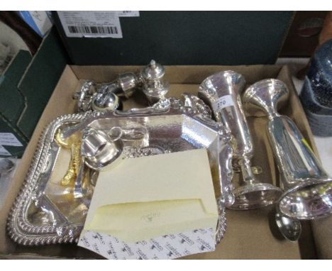 A box of silver plated items to include condiments, lighter, etc. and a silver sugar shovel