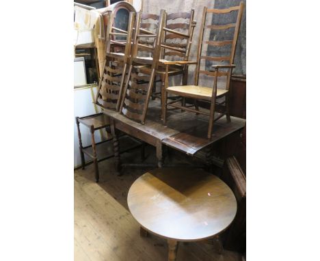 A drawer leaf dining table, together with four ladder back chairs, tea trolley and circular coffee table n.b not including th