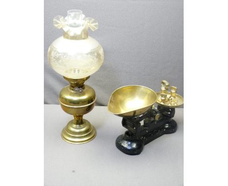 VINTAGE CAST IRON &amp; BRASS KITCHEN SCALES &amp; WEIGHTS with a brass based oil lamp with moulded glass shade