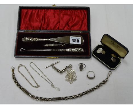 SILVER - cased button hook in box, watch fob, ring, a pair of cufflinks ETC