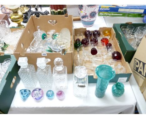 GLASSWARE - four square base decanters, a quantity of good drinking glassware including twist stem, Caithness paperweight ETC