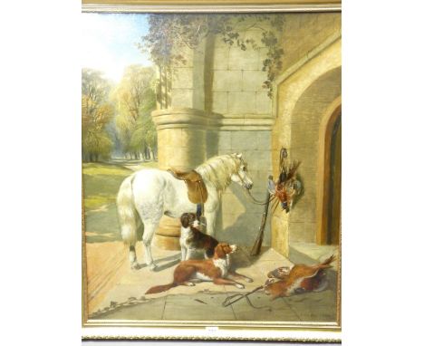 A F ROLFE oil on canvas - Post Hunting Scene, horses and dogs, signed lower right, dated 1866, 75 x 62cms
