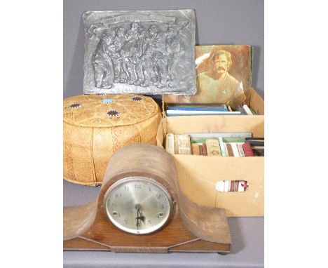 POLISHED MANTEL CLOCK, Eastern style pouffe, a composition plaque 'M G V West Falia Valbert' and a quantity of vintage books