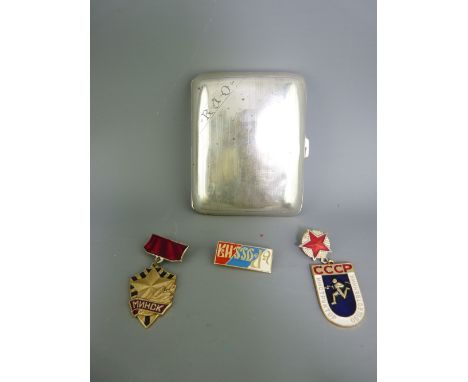 CHESTER SILVER PRESENTATION CIGARETTE CASE with a quantity of Russian badges, the case dated 1911, inscribed to the interior 