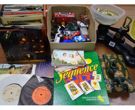 VINTAGE KITCHEN SCALES &amp; WEIGHTS, diecast vehicles including British Railways and a quantity of popular music 45s in a ca