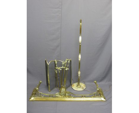 BRASS FIRE IRONS STANDING SET, good brass fender, spark guard and a standard lamp