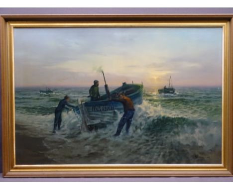 R J PINNOCK oil on canvas - 'At First Light, Dunwich', signed and dated 1985 (exhibited - No 1047-5th Tolly Cobbold Eastern A