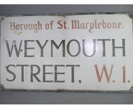ENAMEL SIGN - London street sign within frame, Borough of St Marylebone, Weymouth Street, W1, 46 x 82cms