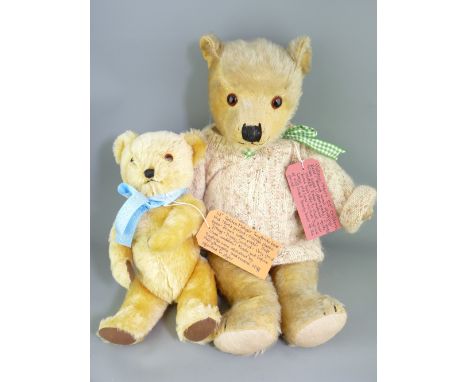 TWO VINTAGE TEDDY BEARS including a circa 1940s 22in Chiltern bear, play worn beige mohair with glass eyes and a circa 1960s 