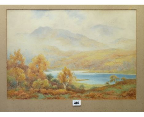 W R HOYLES watercolour - Snowdonia mountain and lake scene with yacht in the background, signed, 35 x 49cms