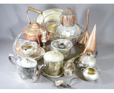 COPPER, BRASSWARE &amp; ELECTROPLATE including copper carriage lamp, kettle ETC