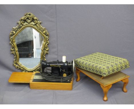 FOOT STOOL with tapestry top, a fancy wall mirror and a vintage Singer sewing machine